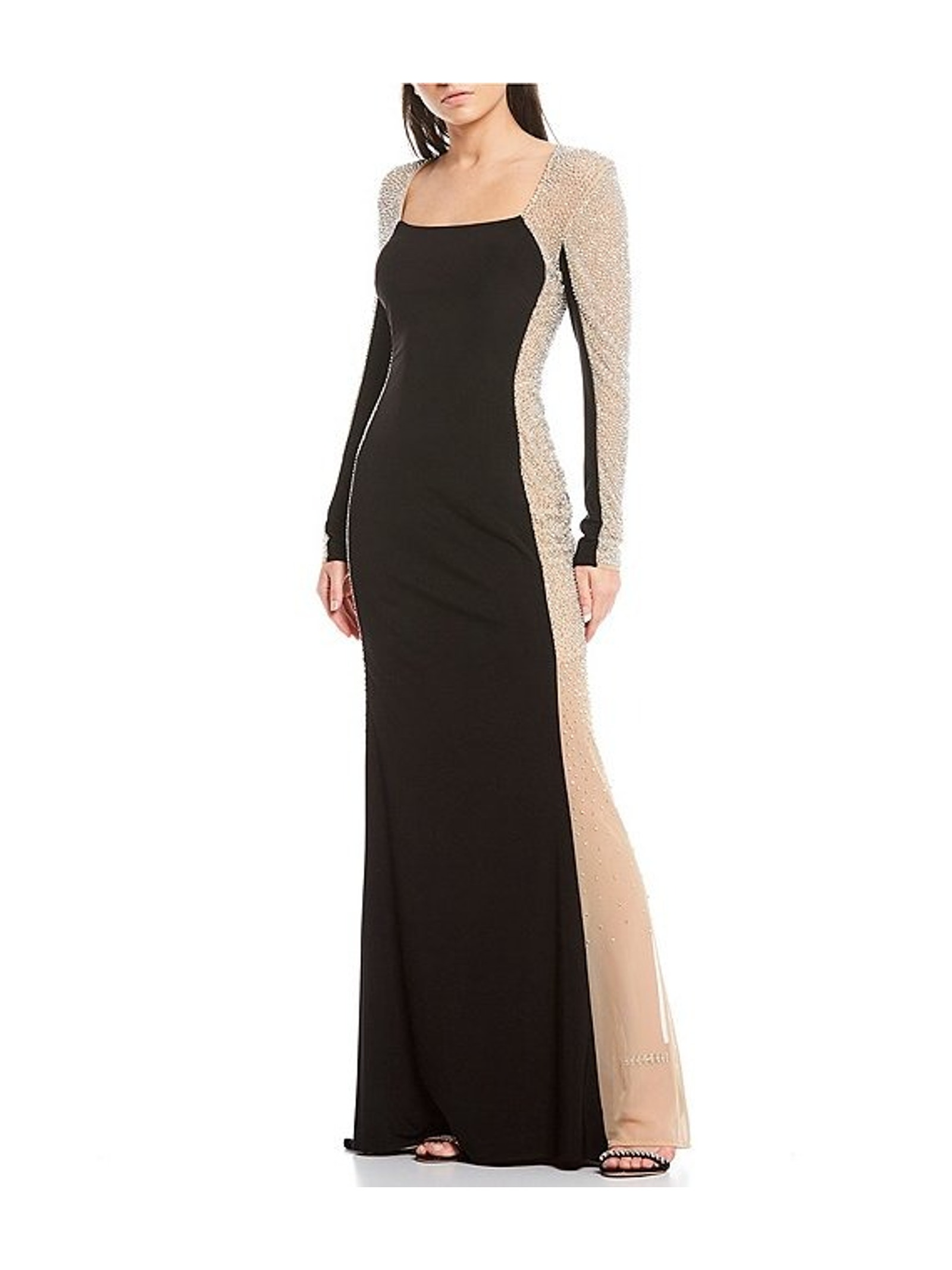 Xscape Women's 4 Black Nude Jillian Caviar Beaded Long Sleeve Evening Gown G1-2